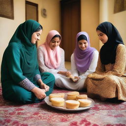 Three veiled women sit on the floor in a warm, inviting room, engaged in a lively discussion as they form Eid cakes