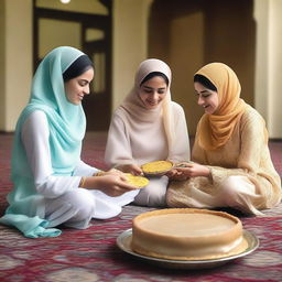 Three veiled women are engaged in a discussion as they sit on the floor around trays of Eid cakes and kohls with sugar