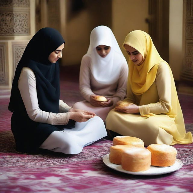 Three veiled women are engaged in a discussion as they sit on the floor around trays of Eid cakes and kohls with sugar