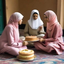 Three veiled women are engaged in a discussion as they sit on the floor around trays of Eid cakes and kohls with sugar