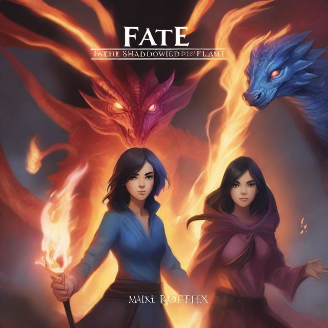 Create a book cover for 'Fate: The Shadowed Flame' featuring Bloom and her mother on the front, using their dragon flame powers against a backdrop of darkness