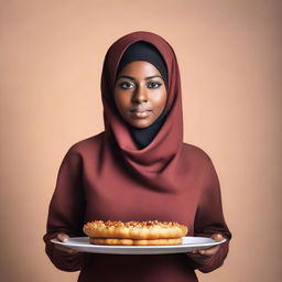 A dark-skinned woman with a full figure, wearing a hijab, is holding a big tray over her head