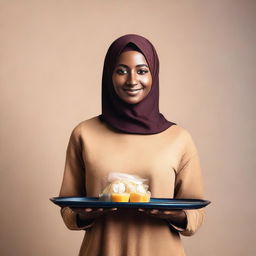 A dark-skinned woman with a full figure, wearing a hijab, is holding a big tray over her head