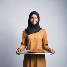 A dark-skinned woman with a full figure, wearing a hijab, is holding a big tray over her head