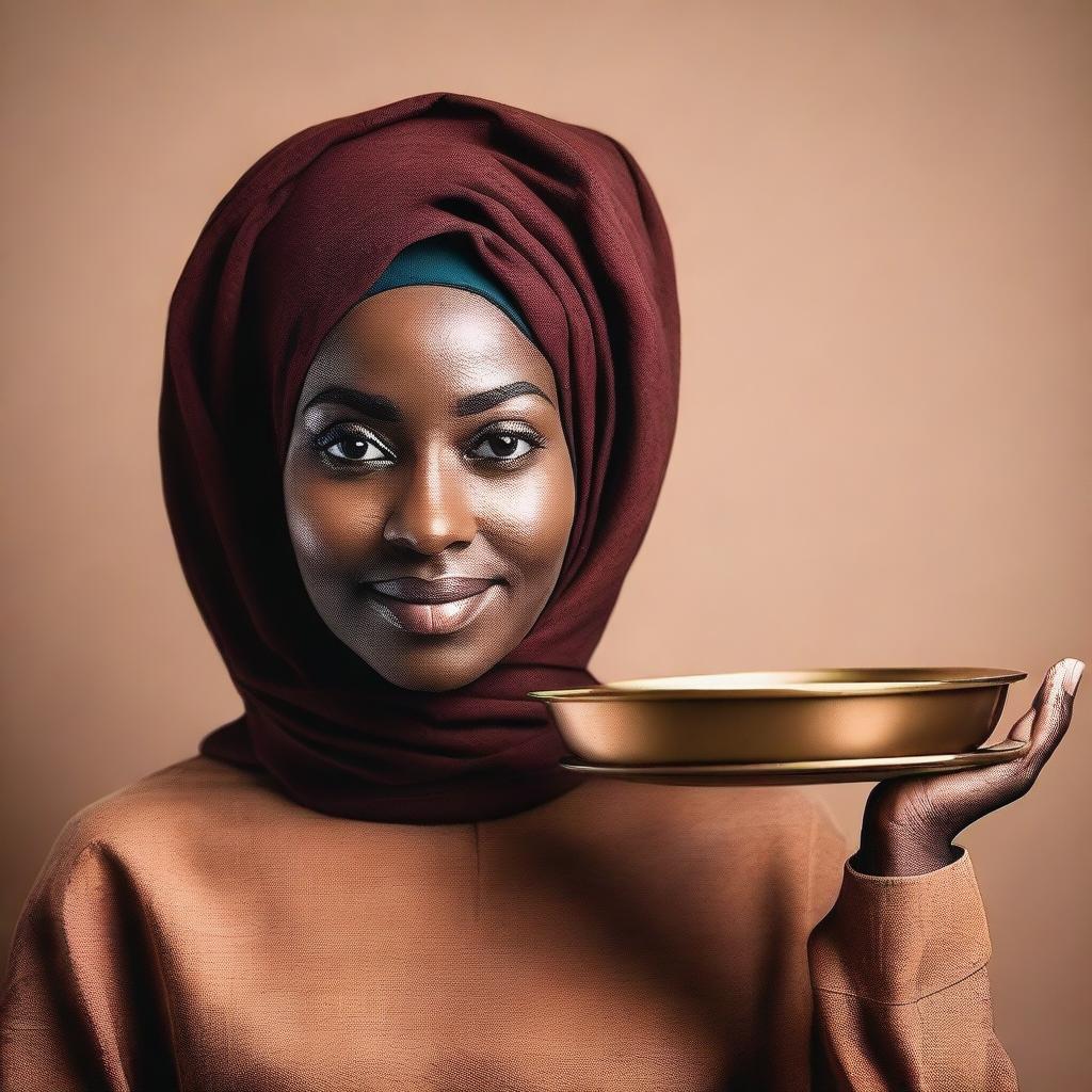 A dark-skinned woman with a full figure, wearing a hijab, is holding a big tray over her head