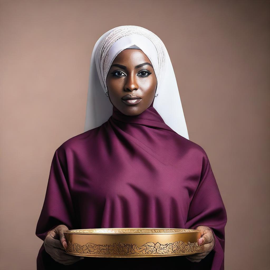 A dark-skinned woman with a fuller figure, wearing a Hijab, holds a big tray over her head while looking directly at the camera