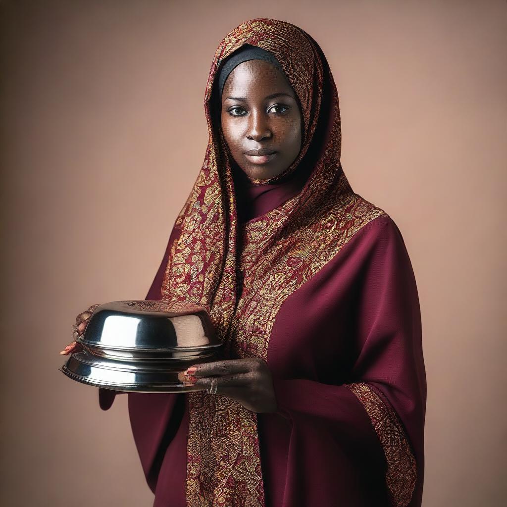 A dark-skinned woman with a fuller figure, wearing a Hijab, holds a big tray over her head while looking directly at the camera