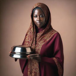 A dark-skinned woman with a fuller figure, wearing a Hijab, holds a big tray over her head while looking directly at the camera