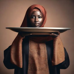 A dark-skinned woman with a fuller figure, wearing a Hijab, holds a big tray over her head while looking directly at the camera