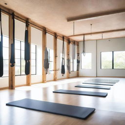 A modern gym dedicated to stretching exercises featuring stall bars, a rope wall, and aero yoga setups