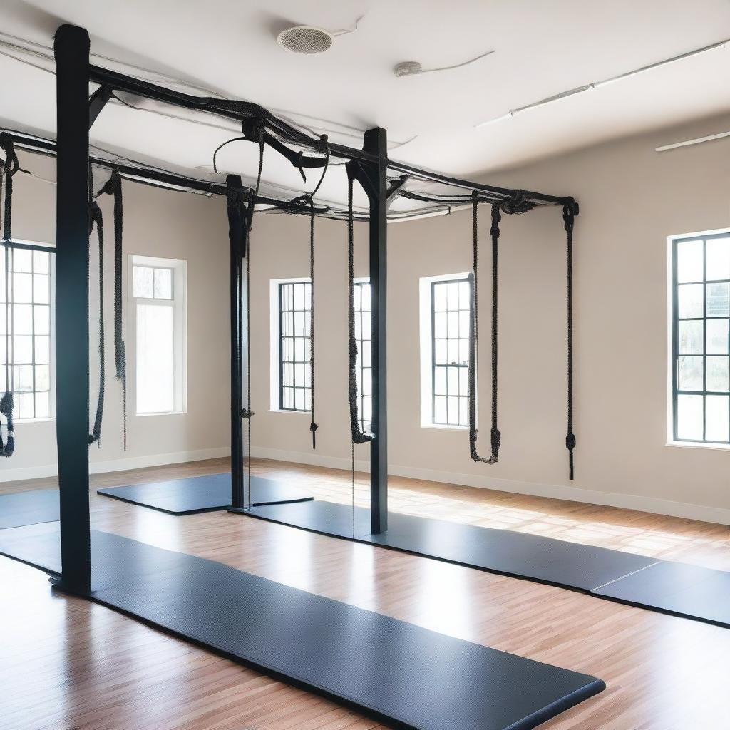 A modern gym dedicated to stretching exercises featuring stall bars, a rope wall, and aero yoga setups