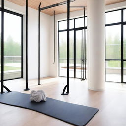 A modern gym dedicated to stretching exercises featuring stall bars, a rope wall, and aero yoga setups