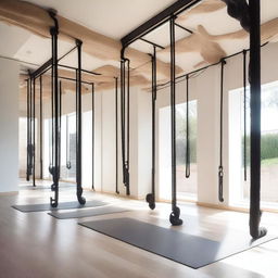 A modern gym dedicated to stretching exercises featuring stall bars, a rope wall, and aero yoga setups