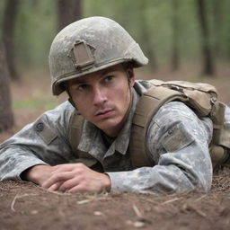 An attentive military soldier laying on the ground, camouflaged and ready in a tactical position.