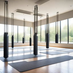 A modern gym dedicated to stretching exercises featuring stall bars, a rope wall, and aero yoga setups