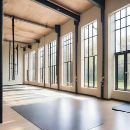 A modern gym dedicated to stretching exercises featuring stall bars, a rope wall, and aero yoga setups