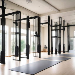 A modern gym dedicated to stretching exercises featuring stall bars, a rope wall, and aero yoga setups