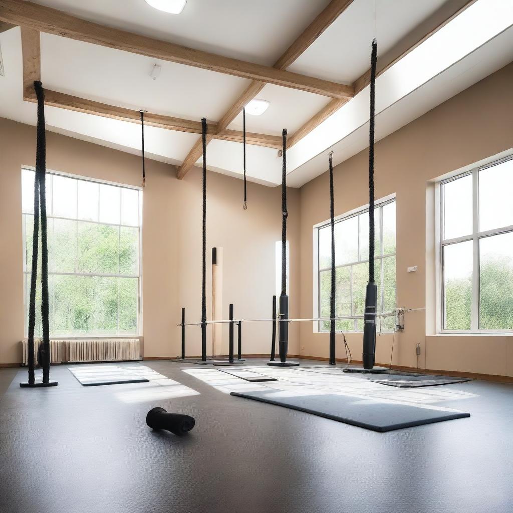 A modern gym dedicated to stretching exercises featuring stall bars, a rope wall, and aero yoga setups