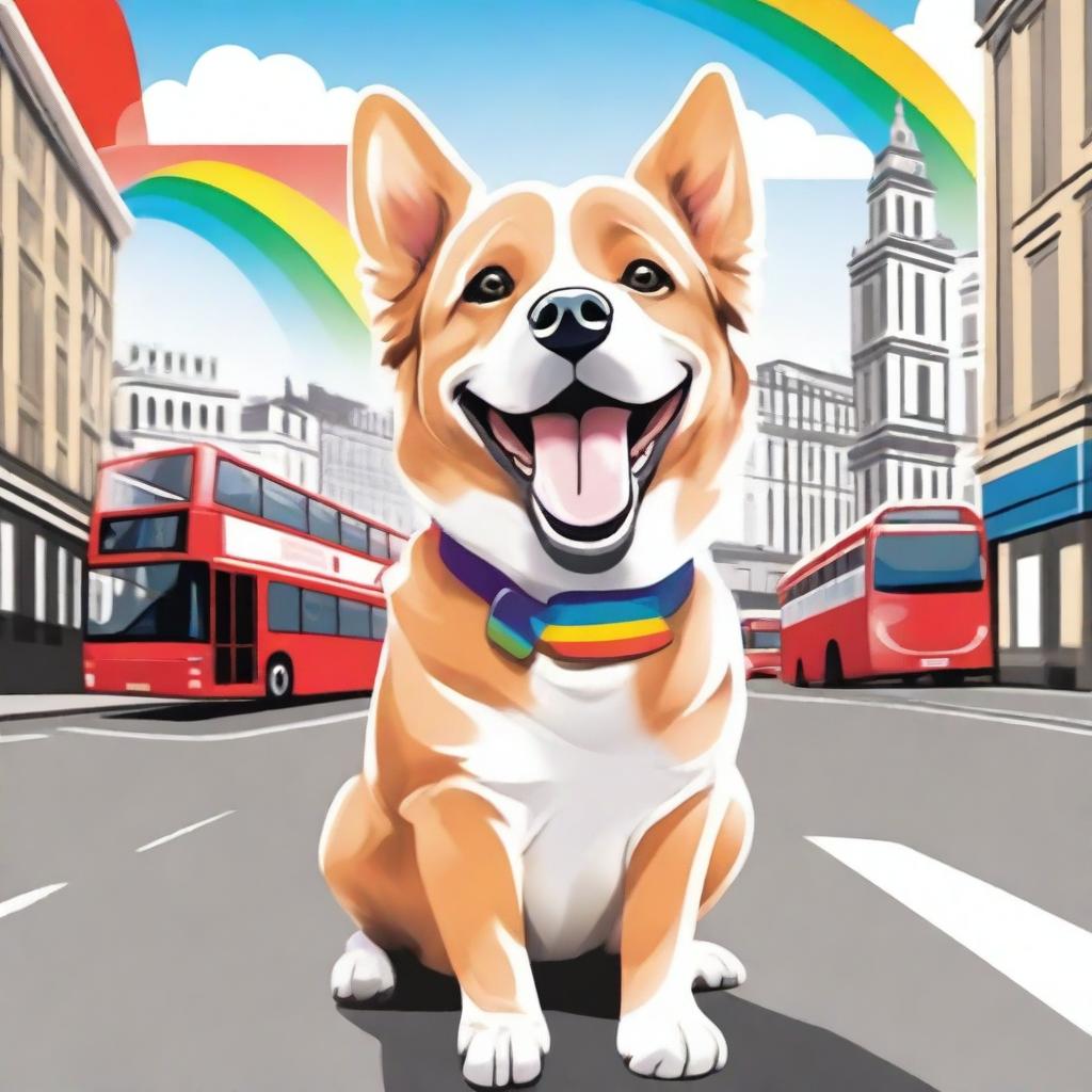 A cheerful dog with a rainbow-colored collar roaming the streets of London