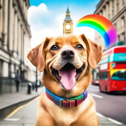 A cheerful dog with a rainbow-colored collar roaming the streets of London