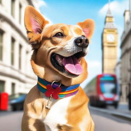 A cheerful dog with a rainbow-colored collar roaming the streets of London