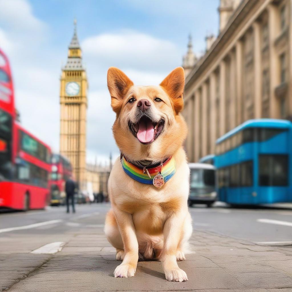 A cheerful dog with a rainbow-colored collar roaming the streets of London