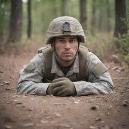 An attentive military soldier laying on the ground, camouflaged and ready in a tactical position.