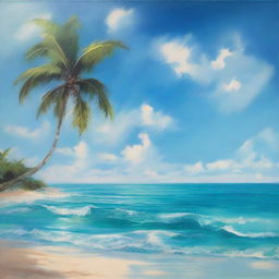 A polished oil-based painting depicting an immersive view of beautiful Caribbean blue water