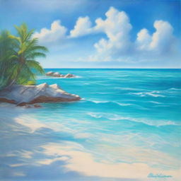 A polished oil-based painting depicting an immersive view of beautiful Caribbean blue water