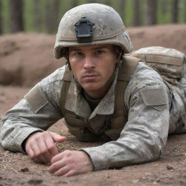 An attentive military soldier laying on the ground, camouflaged and ready in a tactical position.