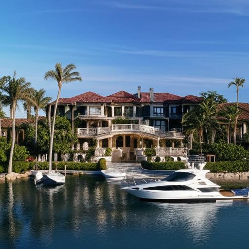 An opulent lifestyle of a billionaire featuring a luxury mansion, high-end cars, expensive fashion, private jet and mega yacht docked at a sunny private island.