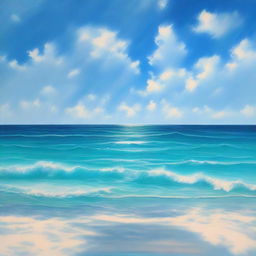 A polished oil-based painting depicting an immersive view of beautiful Caribbean blue water