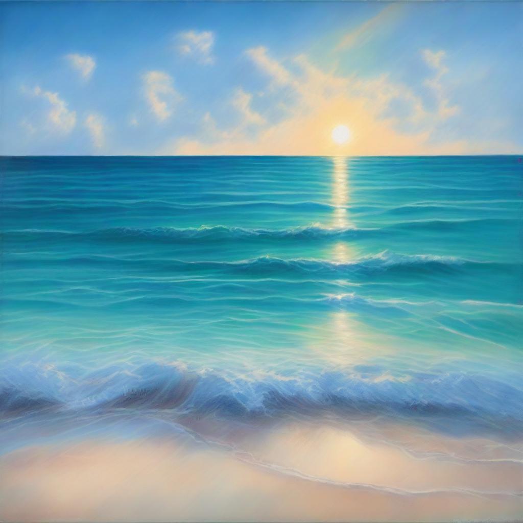 A polished oil-based painting depicting an immersive view of beautiful Caribbean blue water