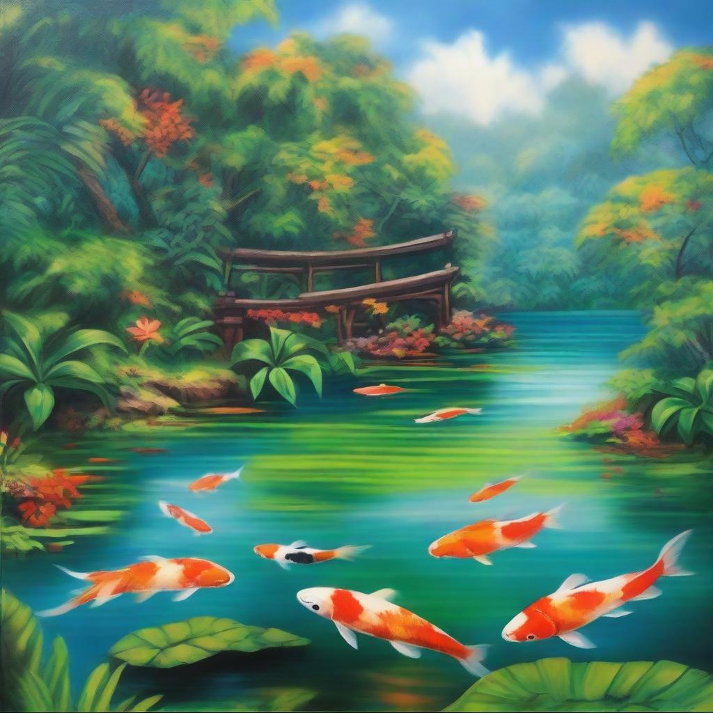 A polished oil-based painting depicting a lush green paradise with an immersive view of beautiful Caribbean blue waters