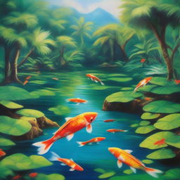 A polished oil-based painting depicting a lush green paradise with an immersive view of beautiful Caribbean blue waters