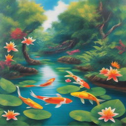 A polished oil-based painting depicting a lush green paradise with an immersive view of beautiful Caribbean blue waters