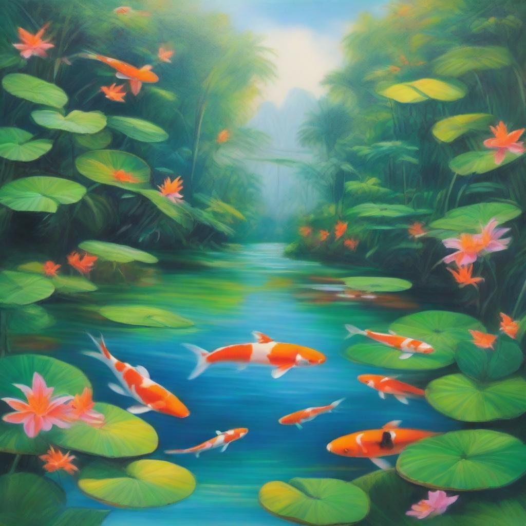 A polished oil-based painting depicting a lush green paradise with an immersive view of beautiful Caribbean blue waters