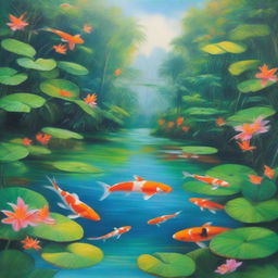 A polished oil-based painting depicting a lush green paradise with an immersive view of beautiful Caribbean blue waters