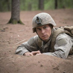 An attentive military soldier laying on the ground, camouflaged and ready in a tactical position.