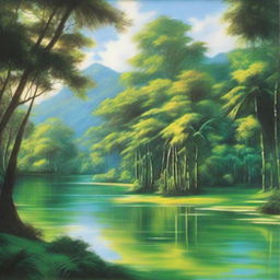 A polished oil-based high-definition painting depicting a lush green paradise with an immersive view of a beautiful, bright Caribbean blue river