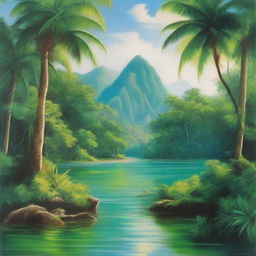 A polished oil-based high-definition painting depicting a lush green paradise with an immersive view of a beautiful, bright Caribbean blue river