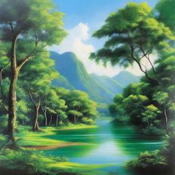 A polished oil-based high-definition painting depicting a lush green paradise with an immersive view of a beautiful, bright Caribbean blue river