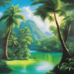 A polished oil-based high-definition painting depicting a lush green paradise with an immersive view of a beautiful, bright Caribbean blue river