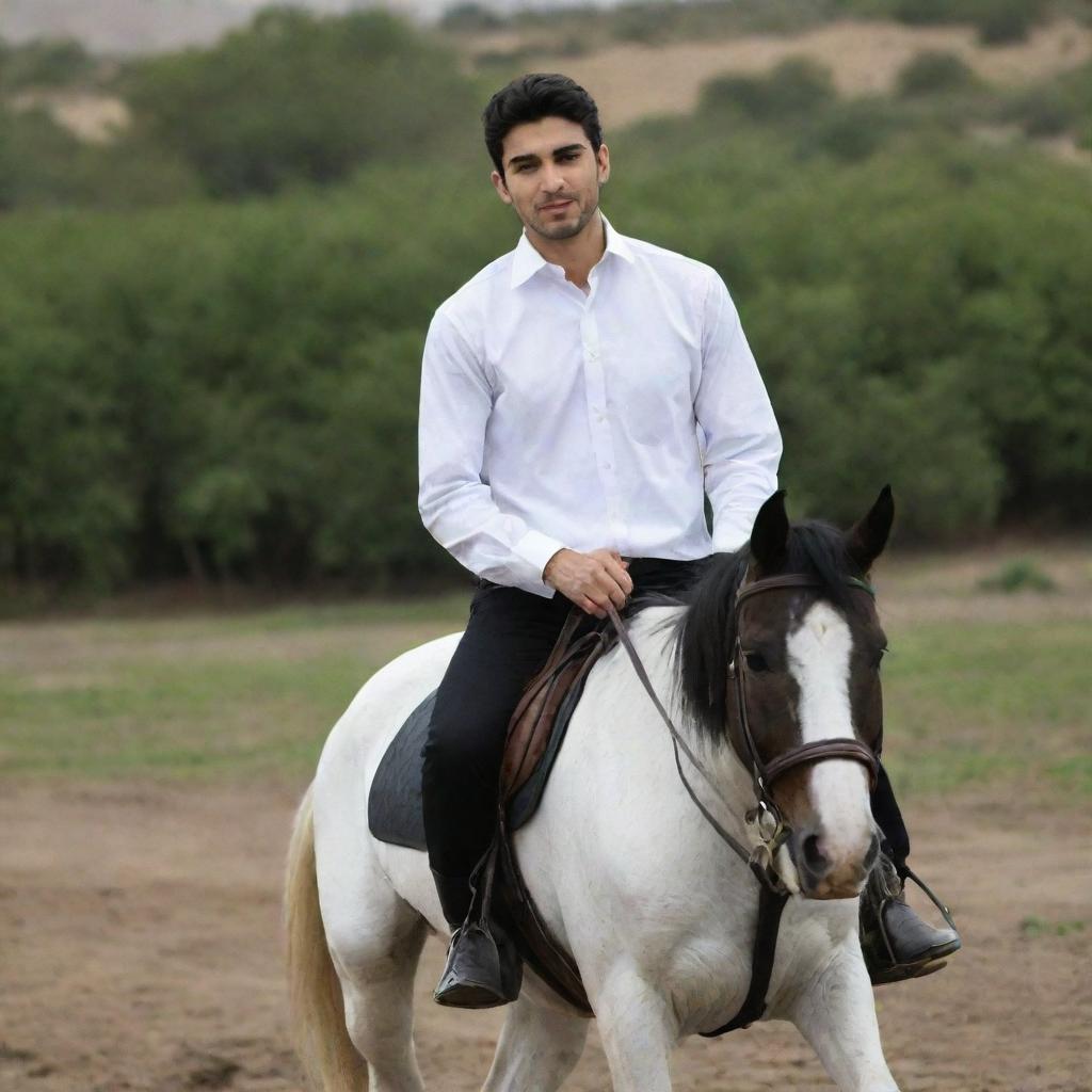 A young 25-year-old Iranian Muslim man in a white shirt and black pants, riding a horse gracefully.