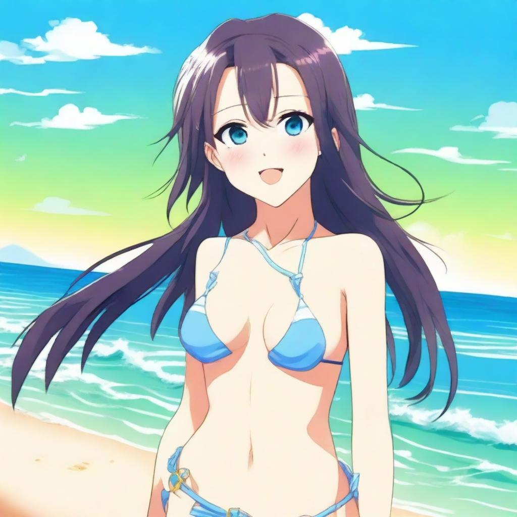 A beautiful anime girl wearing a bikini, standing on a beach with a playful smile