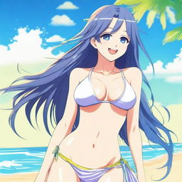 A beautiful anime girl wearing a bikini, standing on a beach with a playful smile