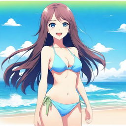 A beautiful anime girl wearing a bikini, standing on a beach with a playful smile