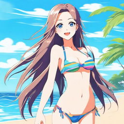 A beautiful anime girl wearing a bikini, standing on a beach with a playful smile