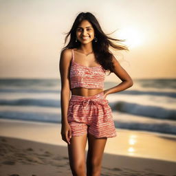 A beautiful Indian girl wearing a beach outfit, standing by the seaside