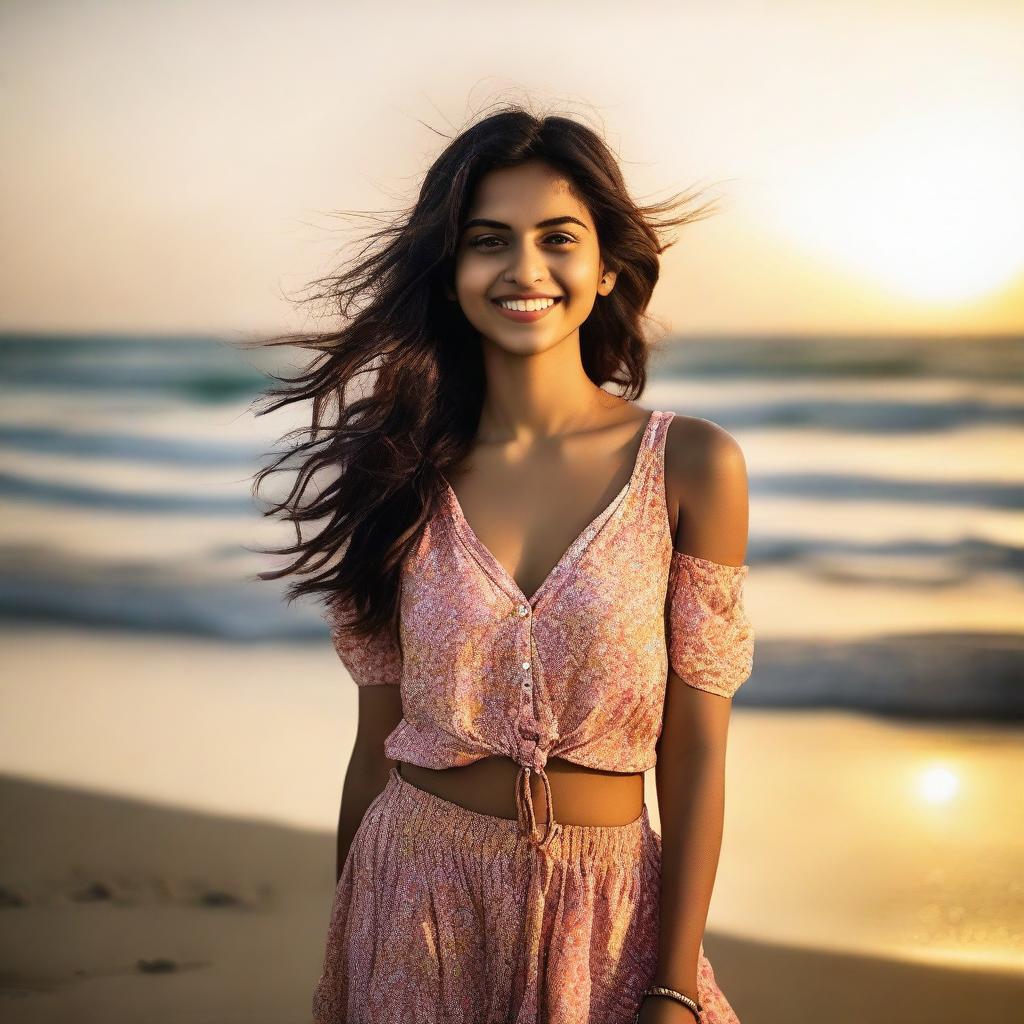 A beautiful Indian girl wearing a beach outfit, standing by the seaside